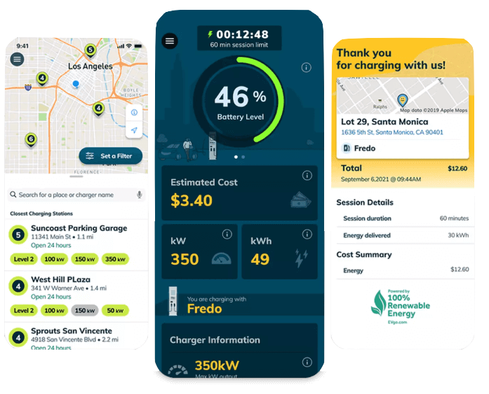 Three EVgo mobile app screens: charger map, live charging session, and receipt